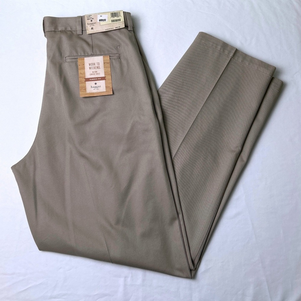 Haggar Men Work to Weekend Pleated No Iron Khaki Chino Pant Size 34x32 Khaki NEW
